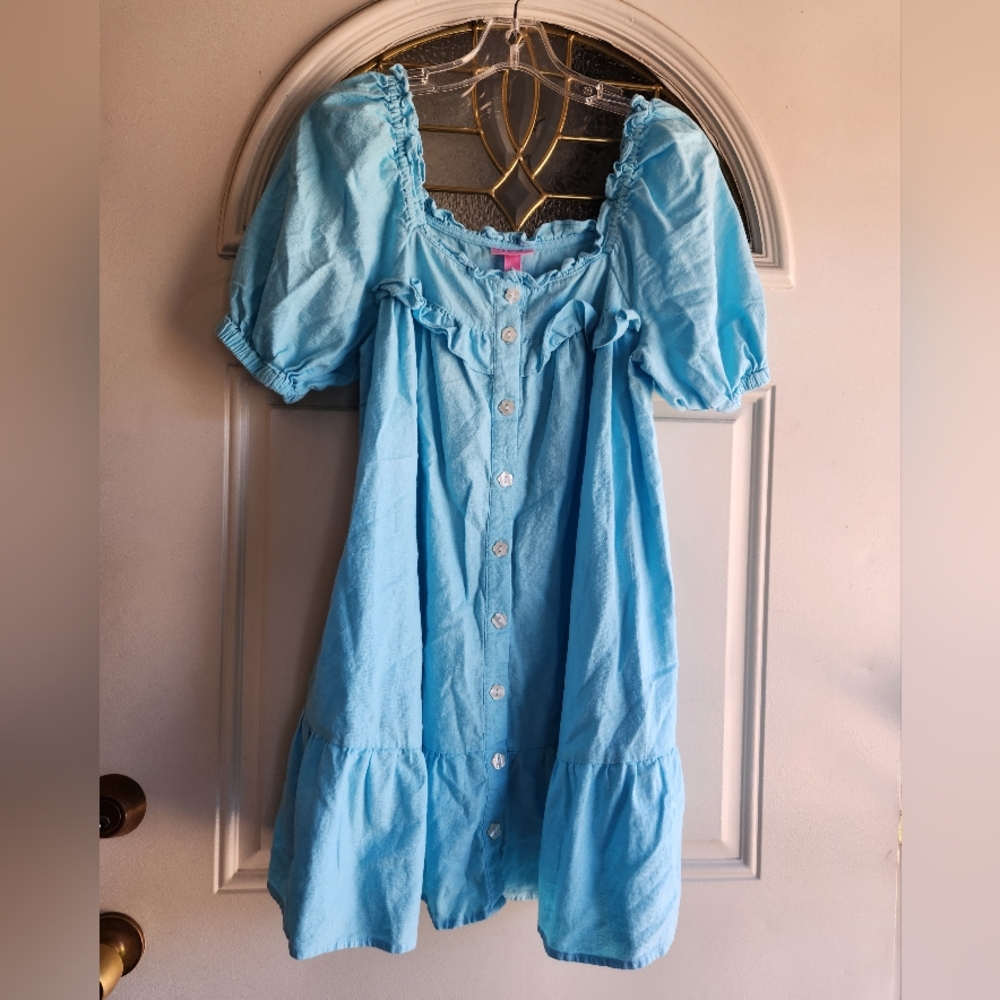 Stoney Clover Lane Target Women Sz Sm Blue Linen Blend Pockets Ruffle Mini Dress